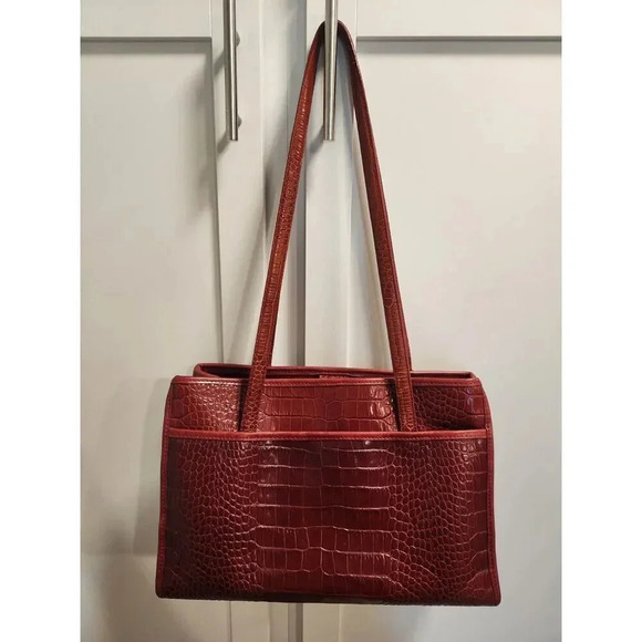 Vintage Brighton Croc Embossed Patent Double-Heart Structured Shoulder Bag - Picture 3 of 15